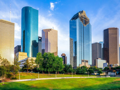 skyline of houston in bright sunset